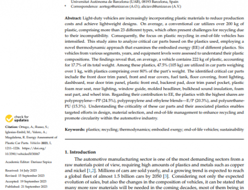 TREASURE was presented in ‘Exergy Assessment of Plastic Car Parts’ paper in the journal of Vehicles MDPI.